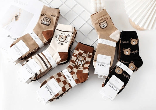 Ženske bombažne nogavice z tiskanimi medvedkami